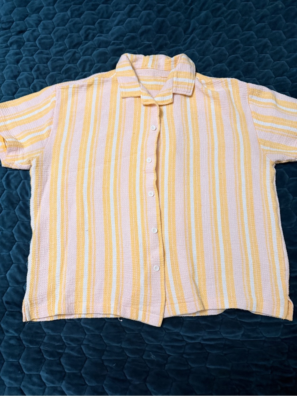 Beach Yellow Pink Striped Short-Sleeve Button-Down Large Cotton Summer Shirt
